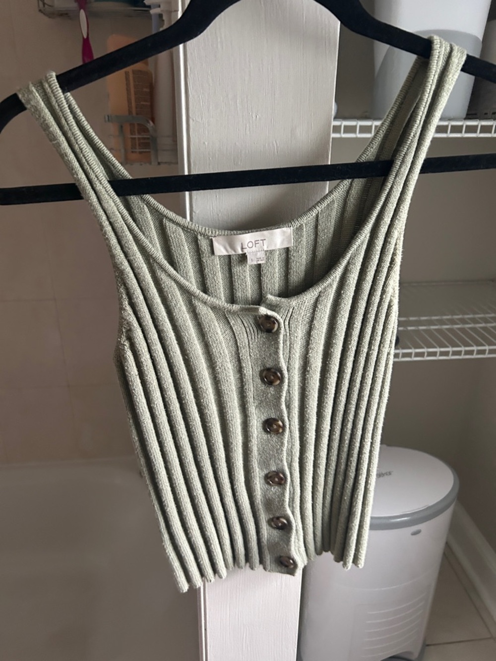 LOFT Ribbed Sage Green Button-Front Tank